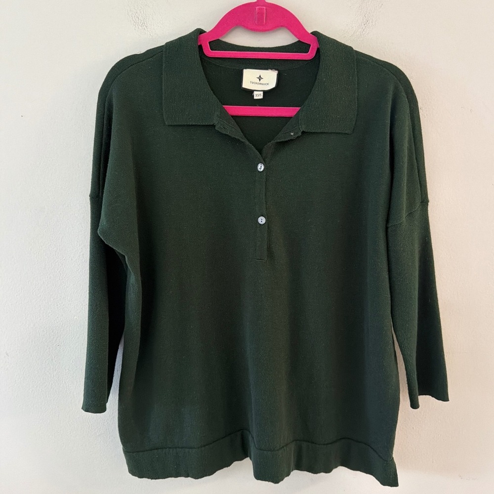 Tuckernuck Dark Green Tencel Linen Knit Polo Top XS/S Relaxed Fit 3/4 Sleeve